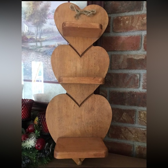 Vintage Handmade Solid Wood Hand Carved Rustic Brown Heart Wall Shelf - Picture 1 of 4